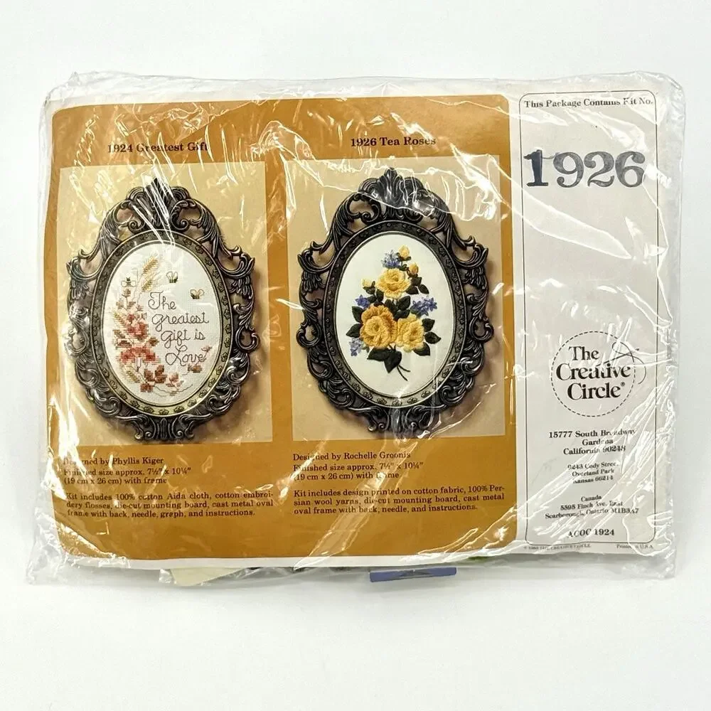 Creative Circle #1926 Tea Roses Crewel Kit with Cast Oval Frame 1984 Cottagecore